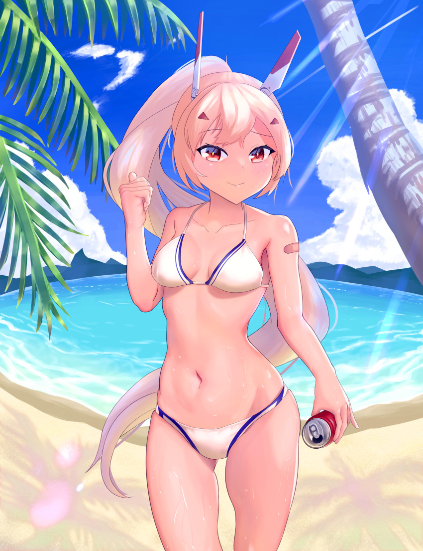 absurdres ayanami_(azur_lane) azur_lane bandaid bandaid_on_arm beach bikini blonde_hair blue_sky bouhuuu breasts can cloud commentary_request cowboy_shot day drink_can female high_ponytail highres looking_at_viewer medium_breasts mountain ocean orange_eyes outdoors palm_tree sky smile soda_can solo swimsuit tan tree water white_bikini