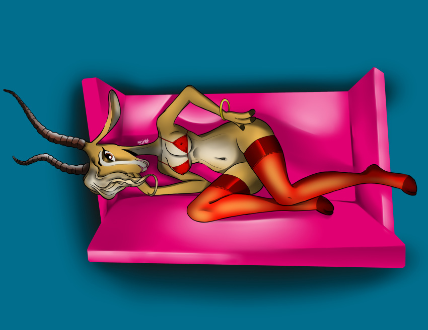 absurd_res antelope anthro asesimio bottomless bovid bra breasts clothed clothing disney female gazelle gazelle_(zootopia) hair hair_over_eye hi_res legwear lingerie looking_at_viewer lying mammal navel nipple_outline on_back one_eye_obstructed seductive skimpy solo thigh_highs underwear zootopia