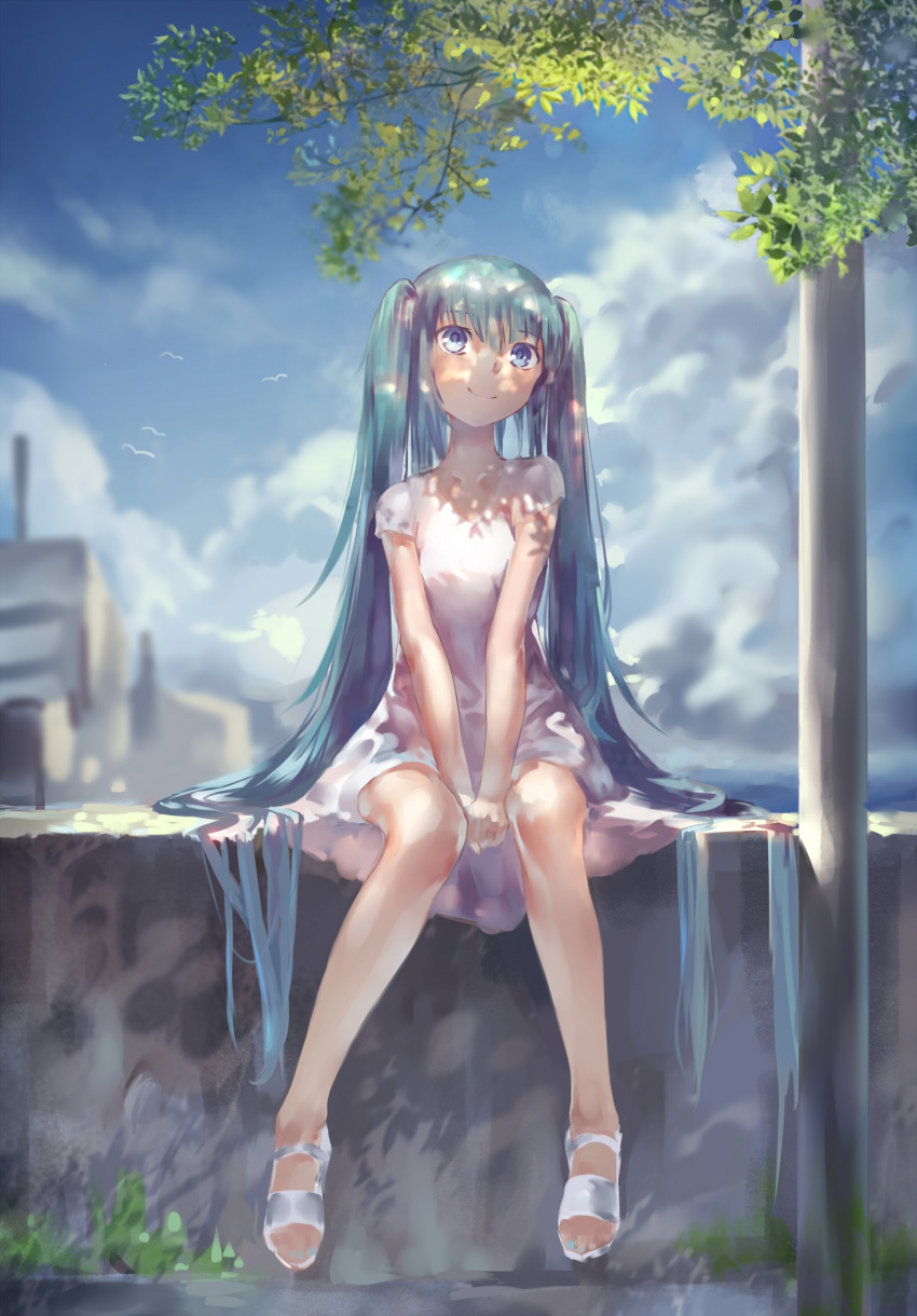 aqua_hair azomo blue_eyes cloud cloudy_sky commentary concrete dappled_sunlight day dress female foot_dangle full_body green_hair hatsune_miku head_tilt highres long_hair looking_up nail_polish on_wall outdoors own_hands_together pole revision sandals shadow short_sleeves sitting sky smile solo sunlight toenail_polish toenails tree tree_shade twintails v_arms very_long_hair vocaloid wall white_dress