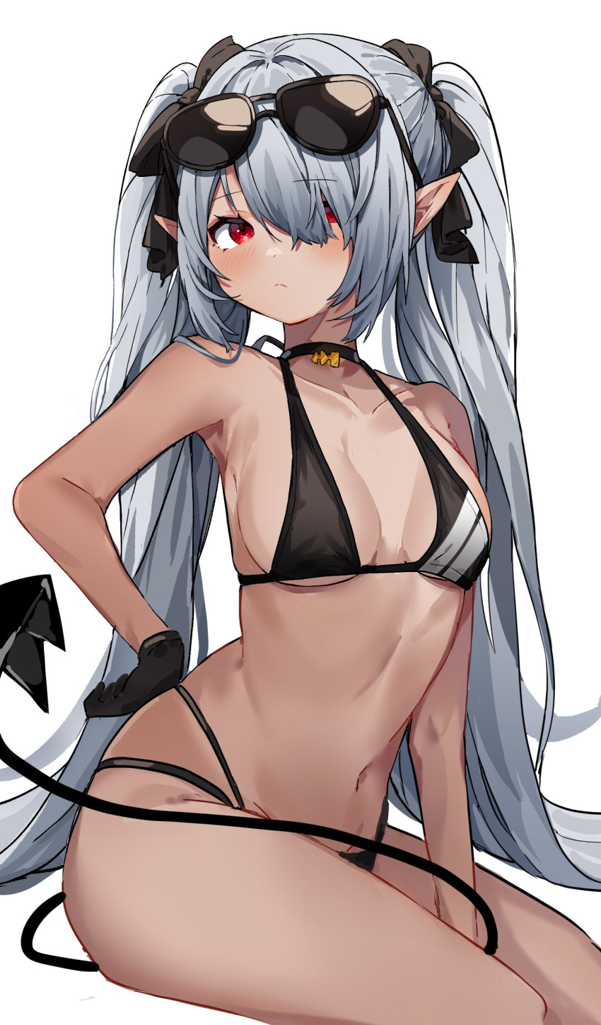 bad_id bad_twitter_id bikini black_bikini black_gloves black_ribbon blue_archive blush breasts choker closed_mouth dark-skinned_female dark_skin eyewear_on_head female gloves grey_hair hair_over_one_eye hair_ribbon highres inuyayo iori_(blue_archive) iori_(swimsuit)_(blue_archive) long_hair medium_breasts multi-strapped_bikini_bottom navel official_alternate_costume pointy_ears red_eyes ribbon simple_background sitting solo stomach sunglasses swimsuit tail very_long_hair white_background