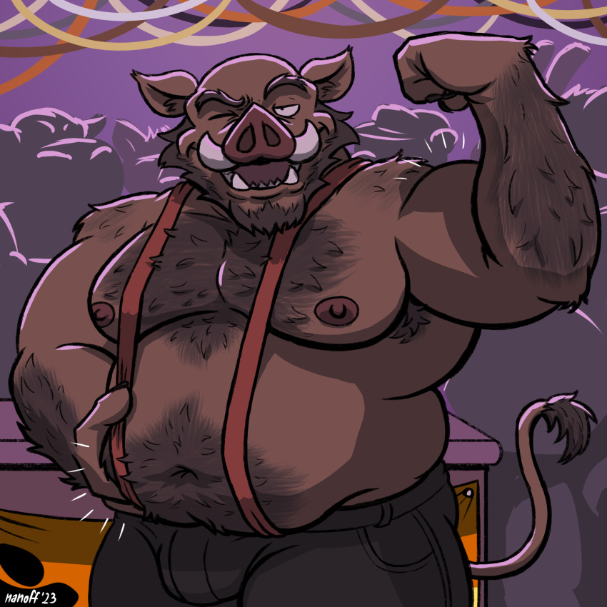 1:1 anthro banner bear_pride_colors bottomwear clothing flag flag_on_wall flexing flexing_bicep hi_res holding_stomach lgbt_pride looking_at_viewer male mammal mature_male musclegut muscular muscular_male nanoff nightclub nipples one_eye_closed pants pride_color_banner pride_color_flag pride_colors shirtless slightly_chubby slightly_chubby_male smile smiling_at_viewer solo suarez_(nanoff) subculture_pride_colors suid suina sus_(pig) suspenders wild_boar wink winking_at_viewer