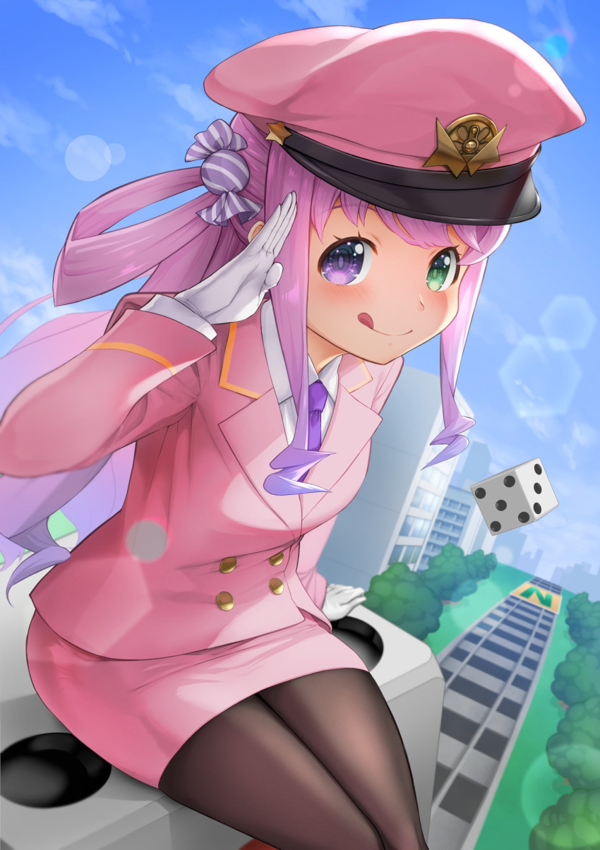 alternate_costume black_pantyhose blue_sky blush breasts cabbie_hat candy_hair_ornament closed_mouth cloud cloudy_sky collared_shirt commentary day dice dress_shirt female food-themed_hair_ornament gloves gradient_hair green_eyes hair_ornament hair_rings hat heterochromia highres himemori_luna hololive jacket lens_flare licking_lips long_hair long_sleeves looking_at_viewer miniskirt momotarou_dentetsu multicolored_hair necktie outdoors oversized_object pantyhose pink_hair pink_hat pink_jacket pink_skirt purple_eyes purple_hair purple_necktie railroad_tracks salute shirt side_ponytail single_hair_ring sitting skirt skirt_set sky small_breasts smile solo tongue tongue_out two-tone_hair uniform virtual_youtuber white_gloves white_shirt wing_collar yamasan_ossan