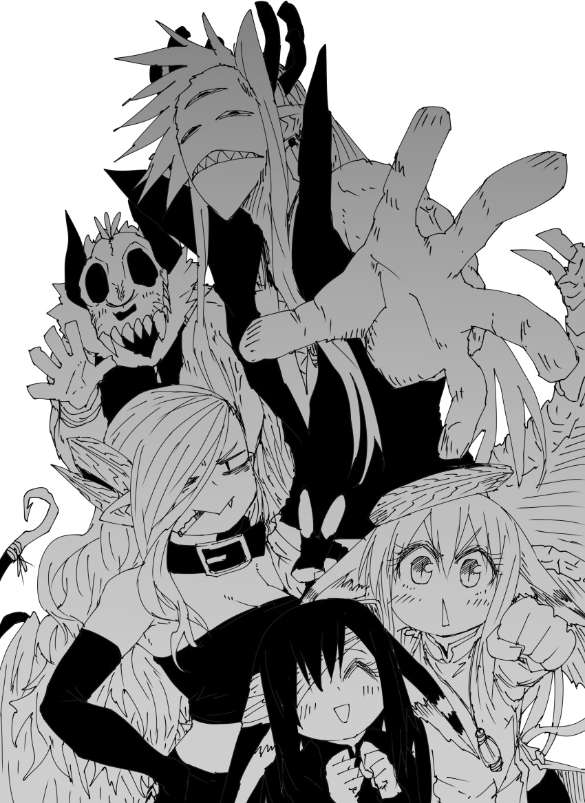 2girls 4boys :< :d absurdres black_horns breasts byakuren_(mazohana) cigarette clenched_hand closed_mouth crown_(mazohana) demon_boy demon_girl demon_horns fang_out fangs greyscale highres horns kewpie_(mazohaha) kokuren_(mazohana) mask medium_breasts mokugyo_(mazohana) monochrome multiple_boys multiple_girls musuko_ga_kawaikute_shikatanai_mazoku_no_hahaoya oerba_yun_fang open_mouth outstretched_hand sharp_teeth simple_background skull skull_mask smile teeth white_background zyugoya