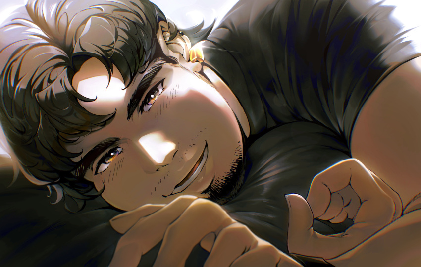 1boy bara black_hair blush close-up ear_piercing facial_hair highres isuke looking_at_viewer lying male_focus mature_male original piercing pillow plump shirt smile thick_eyebrows tight_clothes yellow_eyes