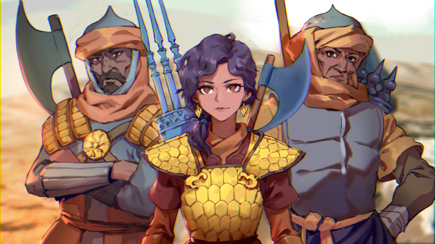 2boys arabian_clothes armor axe brown_eyes closed_eyes dark-skinned_female dark-skinned_male dark_skin desert earrings facial_hair female gauntlets gongxiao_zao helmet highres jewelry looking_at_viewer medieval mount_&_blade moustache multiple_boys original outdoors polearm ponytail purple_hair scale_armor smile spear warrior weapon