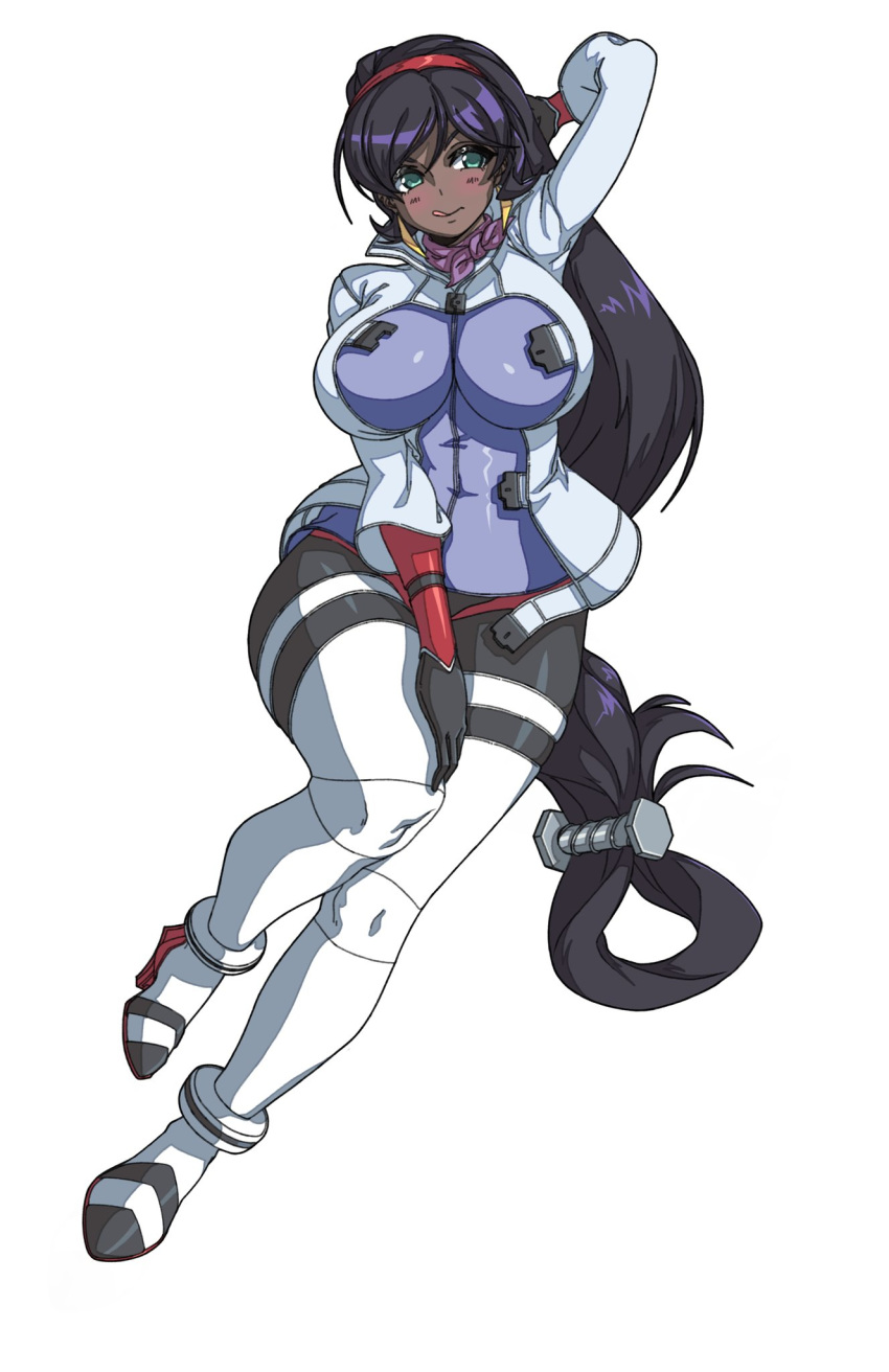 aqua_eyes arm_behind_head black_gloves black_hair blush breasts brups_tv commission dark-skinned_female dark_skin female floating gloves hairband high_heels highres large_breasts licking_lips long_hair low-tied_long_hair red_hairband senki_zesshou_symphogear solo thick_thighs thighs tongue tongue_out vanessa_(symphogear) very_long_hair white_background