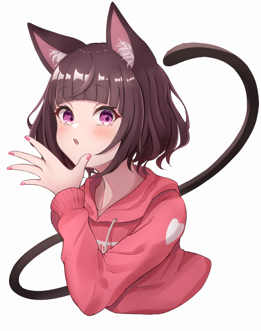 absurdres animal_ear_fluff animal_ears blush brown_hair cat_ears cat_girl cat_tail commentary_request cropped_torso drawstring female hand_up higashigure highres hood hood_down hoodie kmnz long_sleeves looking_at_viewer mc_liz nail_polish parted_lips pink_hoodie pink_nails purple_eyes short_hair simple_background solo tail tail_raised upper_body virtual_youtuber white_background