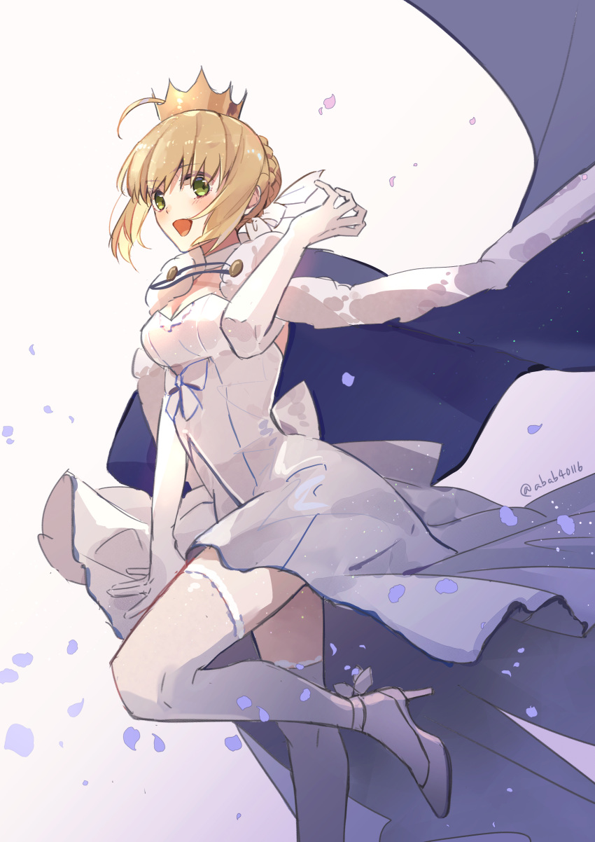 :d a_ching absurdres ahoge artoria_pendragon_(fate) back_bow blonde_hair blue_cape bow braid cape choker crown dress dress_bow elbow_gloves fate/grand_order fate_(series) female fur-trimmed_cape fur_trim gloves green_eyes hair_bun high_heels highres looking_at_viewer official_alternate_costume open_mouth petals saber_(fate) saber_(under_the_same_sky)_(fate) short_hair single_hair_bun smile solo standing standing_on_one_leg strappy_heels thighhighs twitter_username white_bow white_choker white_dress white_footwear white_gloves white_thighhighs zettai_ryouiki