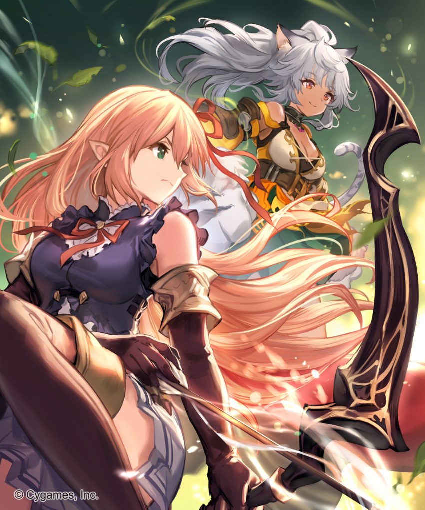 2girls animal_ears arisa_(shadowverse) blonde_hair bow bow_(weapon) breasts brown_gloves cleavage commentary_request frilled_shirt frills gloves green_eyes hair_between_eyes highres holding holding_bow_(weapon) holding_weapon ladica_(shadowverse) leaf lee_hyeseung long_hair multiple_girls official_art pointy_ears ponytail red_eyes shadowverse shirt sitting skirt sleeveless tail tan thighhighs weapon