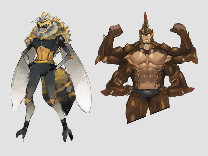 2boys ^_^ abs another_eidos-r armor arthropod_boy bandaid bandaid_on_cheek bandaid_on_face bara bee_boy beetle_boy beetle_horn biceps black_male_underwear briefs bulge closed_eyes cropped_legs double_biceps_pose extra_arms flexing full_body furry furry_male highres hulk_(another_eidos) large_pectorals male_focus male_underwear mature_male multiple_boys muscular muscular_male navel neumo original pectorals scale_armor short_hair stomach straight-on strongman_waist thick_eyebrows thick_thighs thighs toned toned_male topless_male underwear