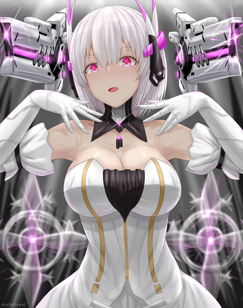 archstreal black_collar breasts cleavage collar detached_collar dog_tags dress elbow_gloves energy_cannon female floating floating_object floating_weapon gloves grey_hair hair_between_eyes headgear headphones high_collar highres large_breasts liv:_luminance_(punishing:_gray_raven) liv_(punishing:_gray_raven) medium_hair multiple_weapons open_mouth pink_eyes punishing:_gray_raven solo white_dress white_gloves