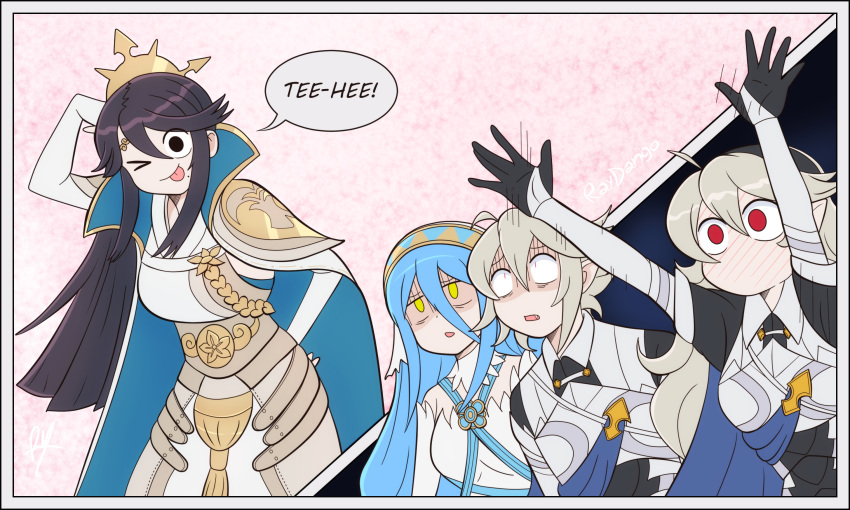 >_o 1boy 3girls :p azura_(fire_emblem) black_eyes black_hair blue_hair blush corrin_(female)_(fire_emblem) corrin_(fire_emblem) corrin_(male)_(fire_emblem) embarrassed fire_emblem fire_emblem_fates full-face_blush grey_hair highres komi-san_wa_komyushou_desu mikoto_(fire_emblem) mole mole_under_mouth multiple_girls one_eye_closed parody raydango red_eyes style_parody tongue tongue_out yellow_eyes