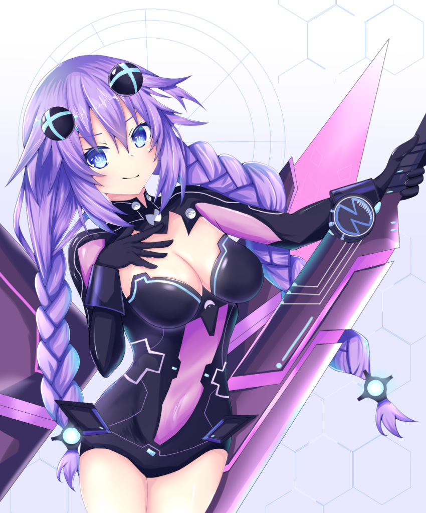 blue_eyes blush braid breasts cleavage closed_mouth commentary_request cowboy_shot female gloves hair_between_eyes hair_ornament highres holding holding_sword holding_weapon kumari7 long_hair looking_at_viewer neptune_(series) power_symbol power_symbol-shaped_pupils purple_hair purple_heart_(neptunia) smile solo sword symbol-shaped_pupils twin_braids weapon