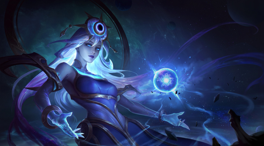 absurdres blue_dress blue_eyes blue_hair blue_lips bracelet cosmic_lux detached_sleeves dress energy energy_ball female floating_hair glowing glowing_eyes gradient_hair hair_between_eyes hair_ornament highres jewelry league_of_legends lipstick long_hair lux_(league_of_legends) magic makeup multicolored_hair official_alternate_costume outstretched_arms parted_lips planet purple_hair rock sky solo space star_(sky) starry_sky yc_jun