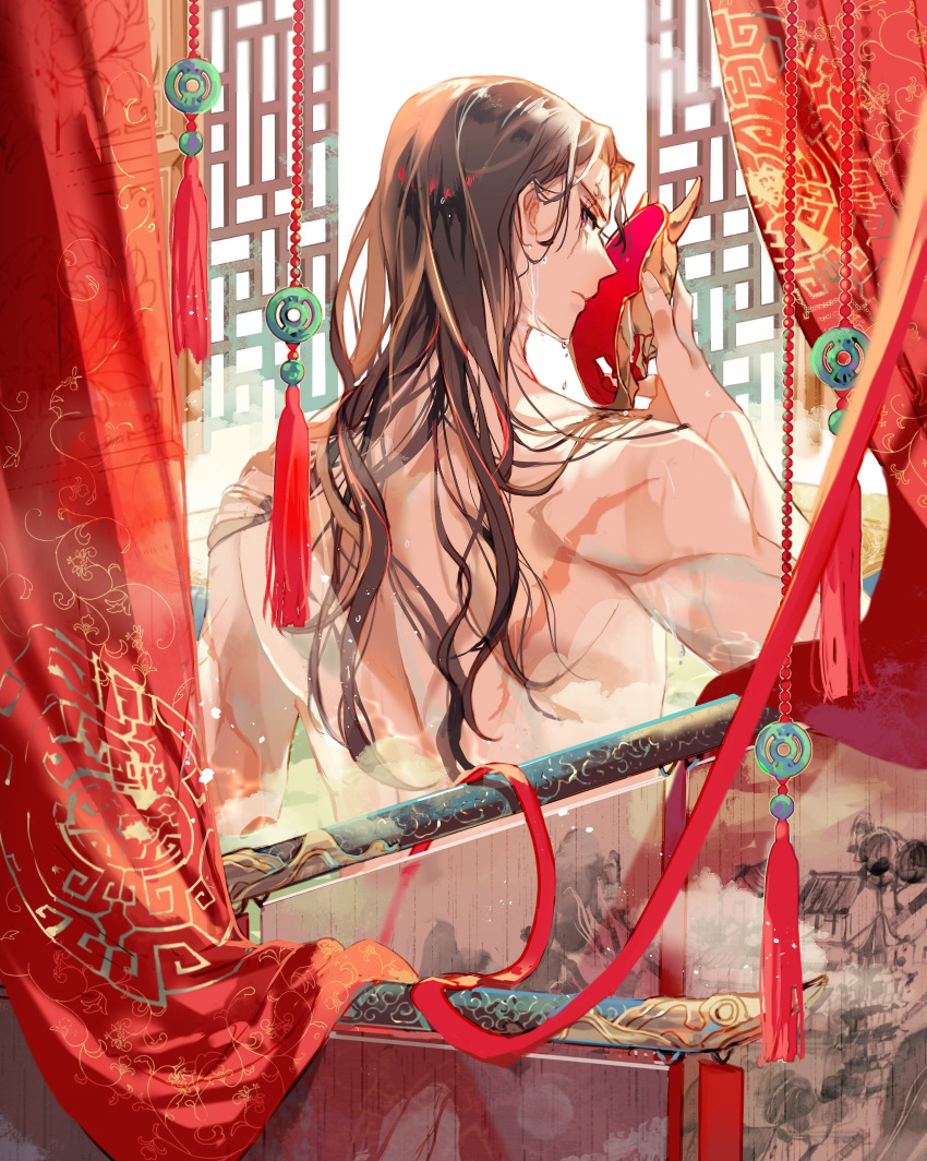 1boy bare_back character_request highres holding holding_mask jade_(gemstone) jiangnan_baijingtu long_hair looking_at_viewer looking_back mask sakuramochi1003 scar scar_on_back solo tassel unworn_mask wet