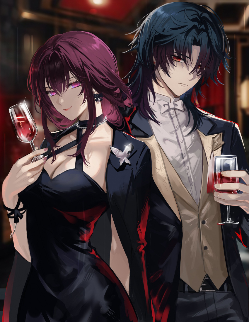 1boy absurdres alcohol belt black_belt black_dress black_hair black_jacket black_pants black_suit blade_(honkai:_star_rail) bow bowtie breasts cleavage closed_mouth commentary cowboy_shot cup dress drinking_glass earrings expressionless female fingernails formal fractalmagnolia glass hair_between_eyes highres holding holding_cup honkai:_star_rail honkai_(series) indoors jacket jewelry kafka_(honkai:_star_rail) large_breasts long_hair looking_at_viewer necklace pants parted_bangs purple_eyes purple_hair red_eyes red_wine sidelocks smile standing suit symbol-only_commentary wine wine_glass