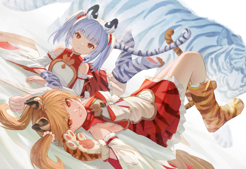 2girls :< absurdres animal animal_ears animal_hands animal_print bai_(granblue_fantasy) blonde_hair chinese_commentary chinese_zodiac commentary detached_sleeves dress erune from_above from_side gloves granblue_fantasy grey_hair grin high_collar highres huang_(granblue_fantasy) legs_up long_hair long_sleeves lying multiple_girls on_back on_stomach orange_eyes paw_gloves paw_shoes single_glove sleeveless sleeveless_dress smile tail textless_version tiger tiger_ears tiger_girl tiger_print tiger_tail twintails wang_man wide_sleeves year_of_the_tiger