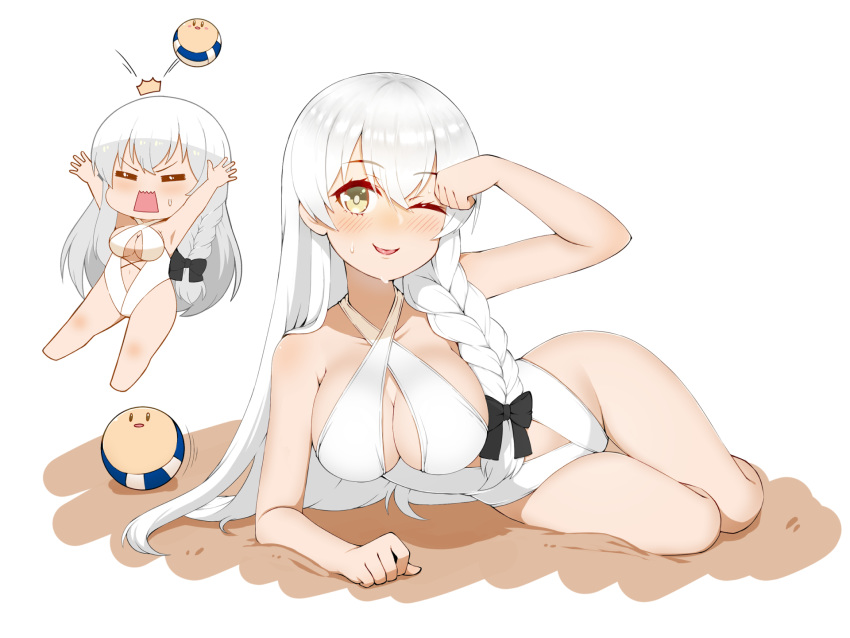 ;p =_= armpits arms_up azur_lane bare_shoulders beach_volleyball black_bow blush bow braid breasts cap105 chibi chibi_inset cleavage collarbone commentary_request criss-cross_halter dojikko_pose female full_body hair_between_eyes halterneck hermione_(azur_lane) hermione_(pure_white_holiday)_(azur_lane) highres large_breasts long_hair looking_at_viewer low_tied_hair lying motion_lines navel official_alternate_costume on_side one-piece_swimsuit one_eye_closed open_mouth piercing sand shadow sidelocks simple_background single_braid smile sweat swimsuit tongue tongue_out very_long_hair white_background white_hair white_one-piece_swimsuit yellow_eyes