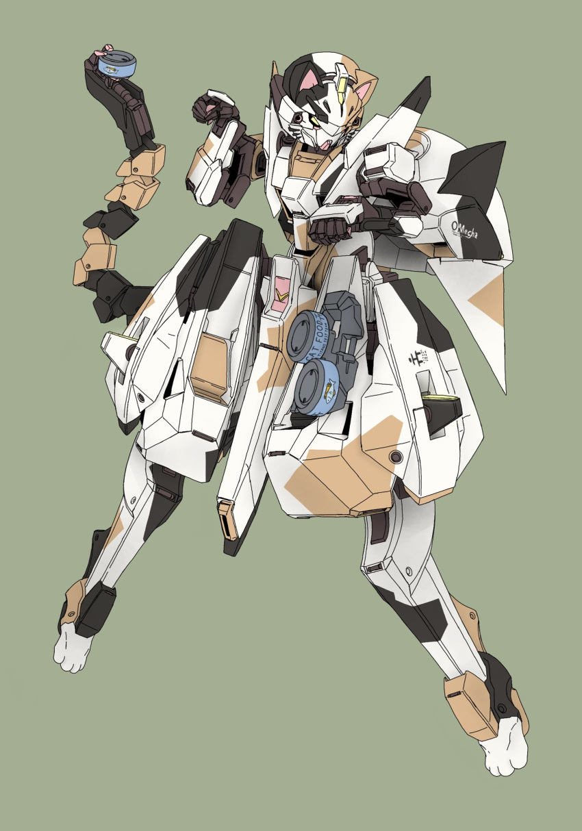 advance_of_zeta bad_id bad_twitter_id can dame_ningen_(paipaipaaipapai) floating green_background gundam highres holding holding_can kemonomimi_mode looking_down mecha mechanical_tail no_humans paw_pose robot solo tail tr-6_woundwort yellow_eyes