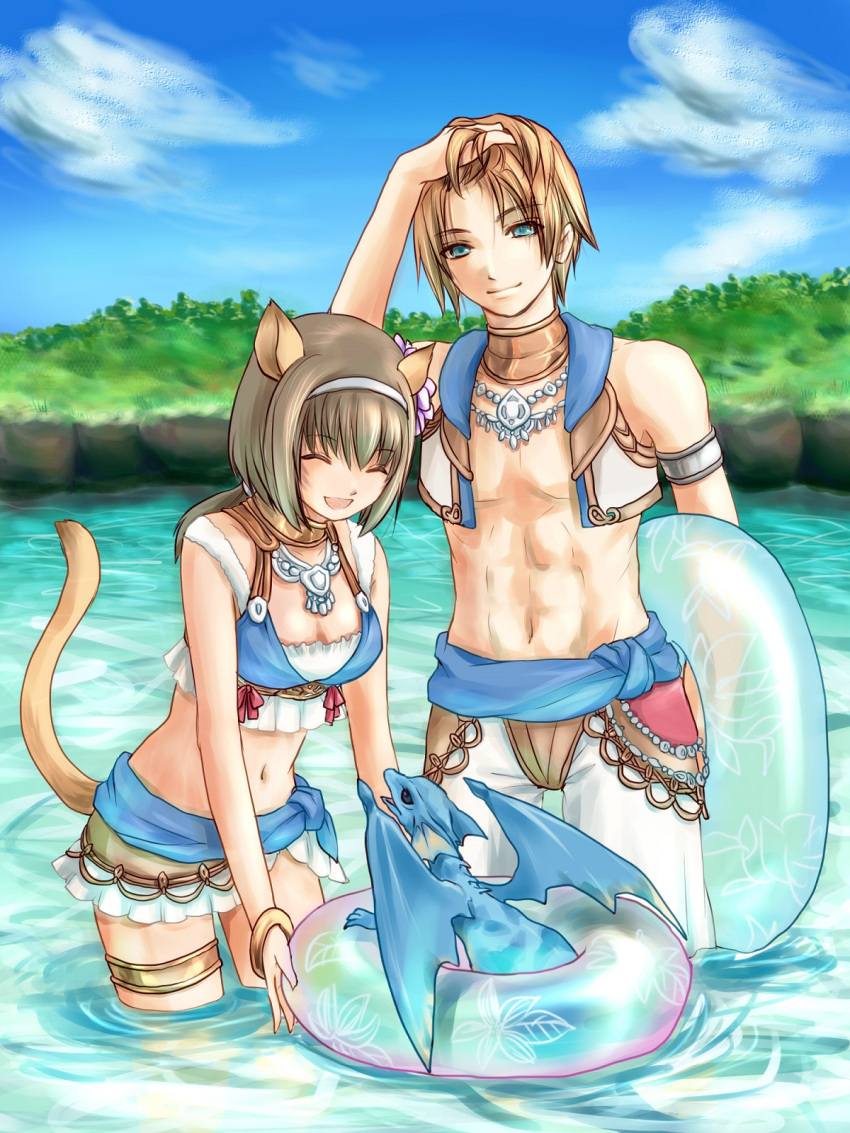 1boy :d ^_^ adventurer_(ff11) animal_ears bare_shoulders bikini blonde_hair blue_eyes blue_sky breasts brown_hair cat_ears cat_girl cat_tail cleavage closed_eyes closed_mouth day dragon dragoon_wyvern_(ff11) facial_mark female final_fantasy final_fantasy_xi flower grey_hairband hair_between_eyes hair_flower hair_ornament hairband hand_in_own_hair highres hume in-universe_location long_hair looking_at_viewer medium_breasts mithra_(ff11) navel open_clothes open_mouth open_vest outdoors pink_ribbon ponytail purple_flower ribbon sakutsuki short_hair sky smile standing swimsuit tail tail_raised thighlet vest wading water whisker_markings