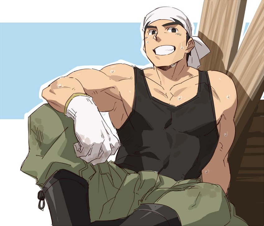 1boy bara bare_shoulders black_tank_top boots covered_abs gloves green_pants grin head_scarf large_pectorals male_cleavage male_focus muscular muscular_male original pants pectorals re:ar ryanpei short_hair sideburns sidepec smile solo spread_legs sweat tank_top tonogawachi_tatsuomi white_gloves wood