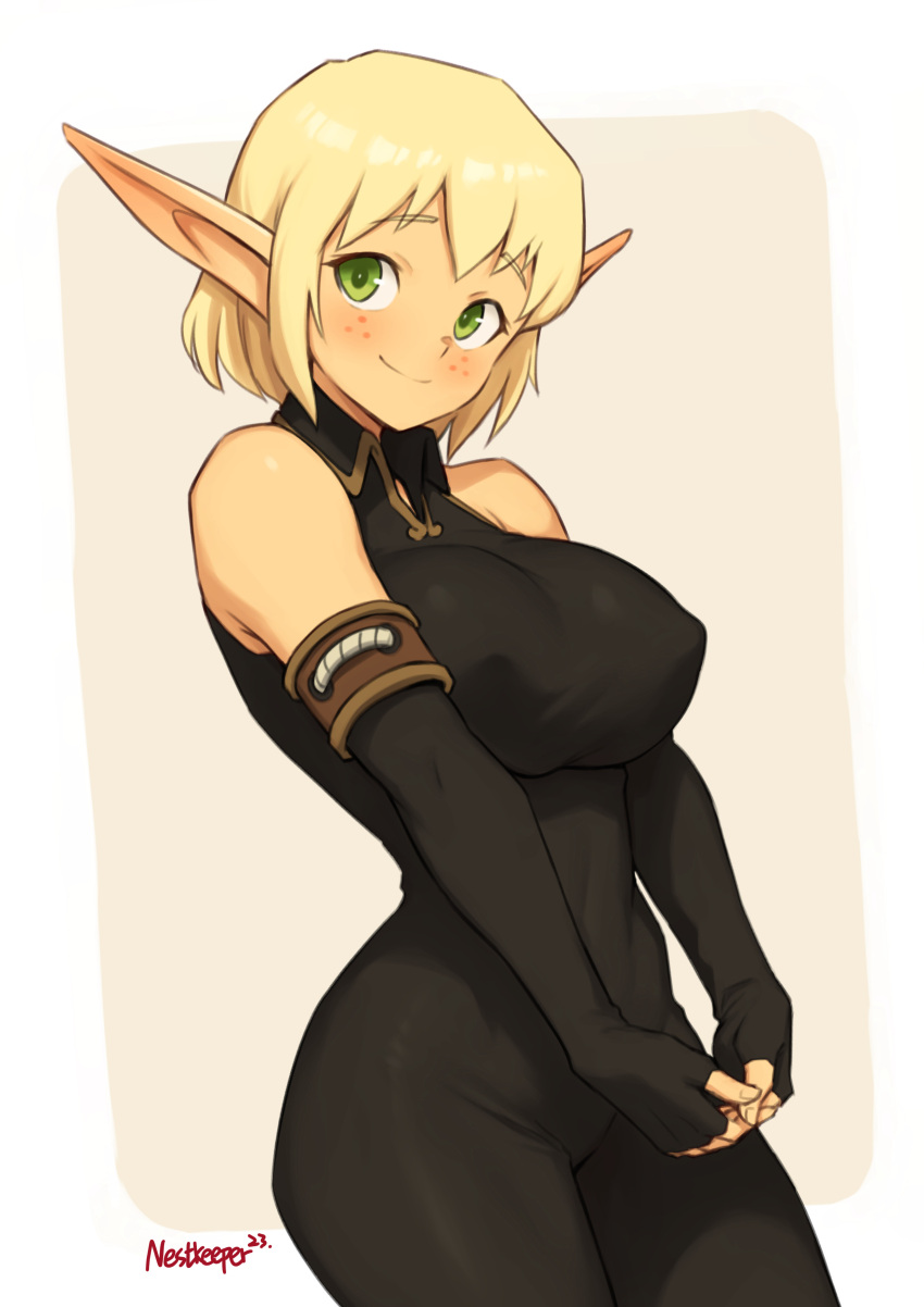 absurdres artist_name bare_shoulders black_bodysuit black_gloves blonde_hair bodysuit breasts brown_background closed_mouth cra_(wakfu) elbow_gloves evangelyne_(wakfu) female fingerless_gloves freckles gloves green_eyes highres large_breasts looking_at_viewer nestkeeper pointy_ears short_hair smile solo two-tone_background wakfu white_background