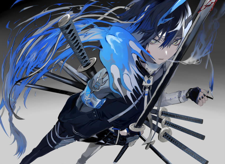 1boy armor black_gloves black_jacket black_pants blood blood_on_face blood_on_weapon blue_hair feet_out_of_frame gloves gradient_background grey_background grey_eyes hair_between_eyes highres holding holding_sword holding_weapon jacket japanese_armor katana kote kushiro_kuki long_sleeves looking_at_viewer male_focus open_mouth original pants scabbard sheath sheathed short_hair shoulder_armor smoke solo standing sword weapon