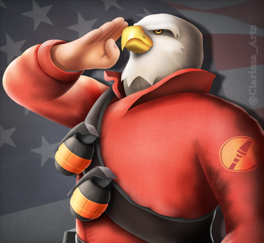 2019 accipitrid accipitriform alternate_species american_flag animal_head avian bald_eagle beak bird clarissa_arts clothing compatriot_(team_fortress_2) eagle explosives feathers for_a_head gesture grenade hi_res humanoid red_clothing red_topwear salute sea_eagle soldier_(team_fortress_2) solo team_fortress_2 topwear united_states_of_america valve weapon white_body white_feathers yellow_beak yellow_eyes