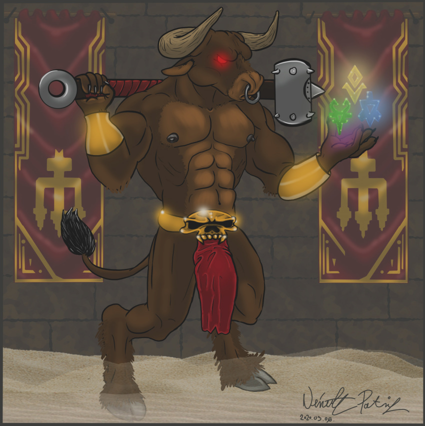 2020 5_fingers anthro black_claws black_nails black_nipples bovid bovine brown_body brown_fur brown_tail claws colored_nails european_mythology fingers fur greek_mythology heretic hi_res horn humanoid_hands male mammal maulotaur minotaur muscular muscular_male mythology nails nipples red_eyes sand signature solo tail wanderer1988