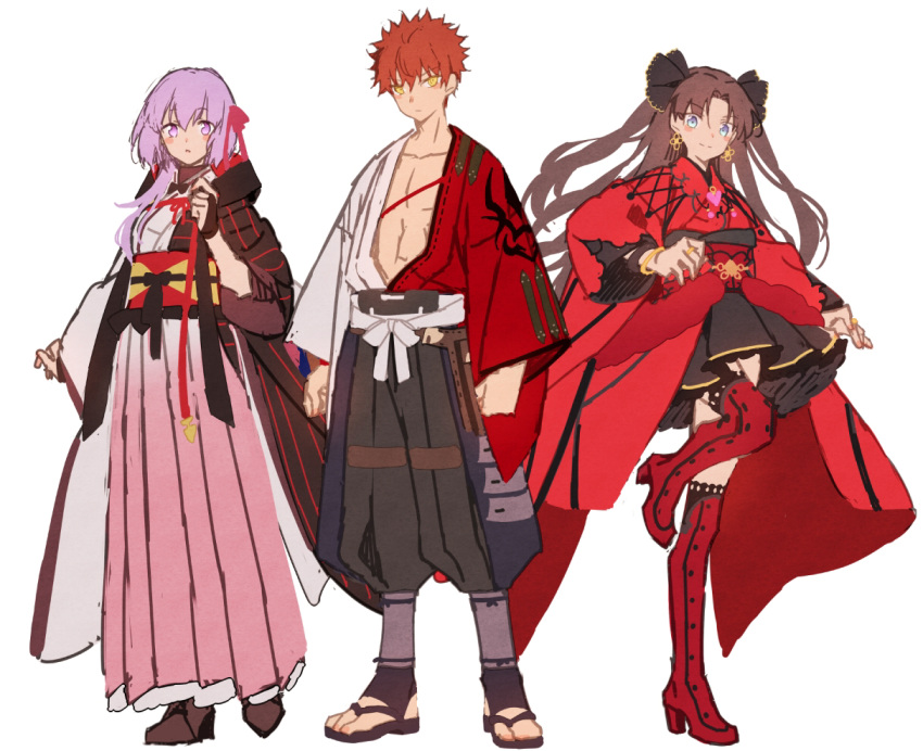 1boy 2girls adapted_costume black_hair blue_eyes blush_stickers boots closed_mouth commentary_request dress emiya_shirou fate/grand_order fate/stay_night fate_(series) full_body gloves hair_between_eyes hair_ribbon hakusai_(tiahszld) high_heels japanese_clothes kimono long_sleeves looking_at_viewer matou_sakura matou_sakura_(imaginary_around) multiple_girls obi open_clothes open_kimono open_mouth purple_eyes purple_hair red_hair red_kimono ribbon sandals sash senji_muramasa_(fate) shoes short_kimono siblings simple_background sisters skirt smile thigh_boots thighhighs tohsaka_rin tohsaka_rin_(formalcraft) white_background white_kimono wide_sleeves yellow_eyes