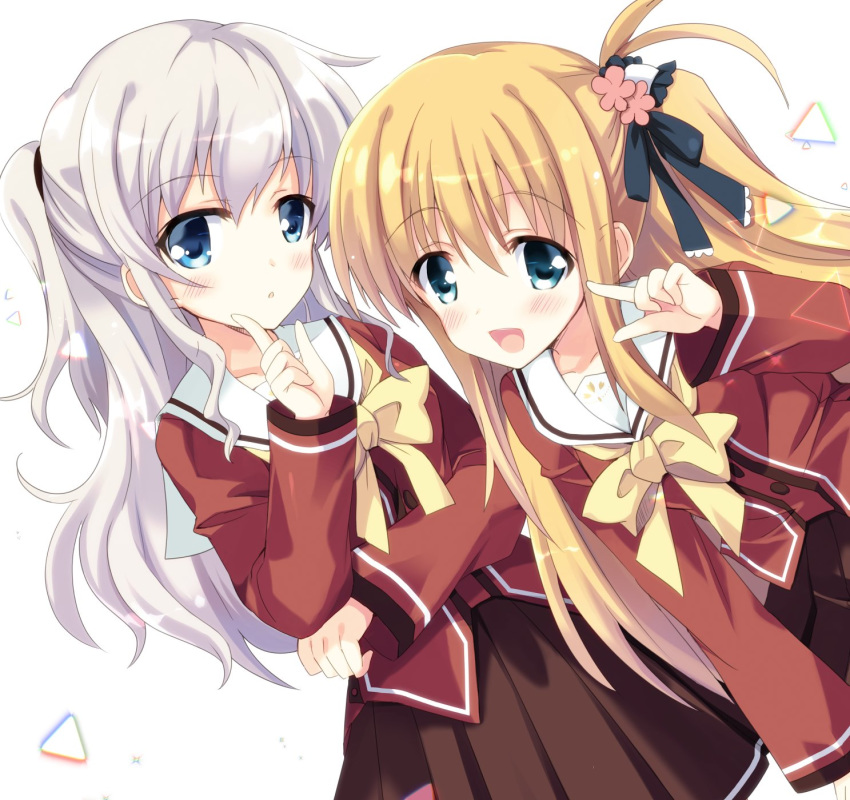 2girls :d bad_id bad_twitter_id black_ribbon black_skirt blonde_hair blue_eyes bow bowtie charlotte_(anime) commentary_request cowboy_shot dutch_angle hair_ribbon highres hizuki_yayoi hoshinoumi_academy_school_uniform index_finger_raised leaning_forward long_hair looking_at_viewer multiple_girls nishimori_yusa open_mouth pleated_skirt red_shirt ribbon sailor_collar school_uniform serafuku shirt simple_background skirt smile tomori_nao two_side_up white_background white_hair white_sailor_collar yellow_bow yellow_bowtie