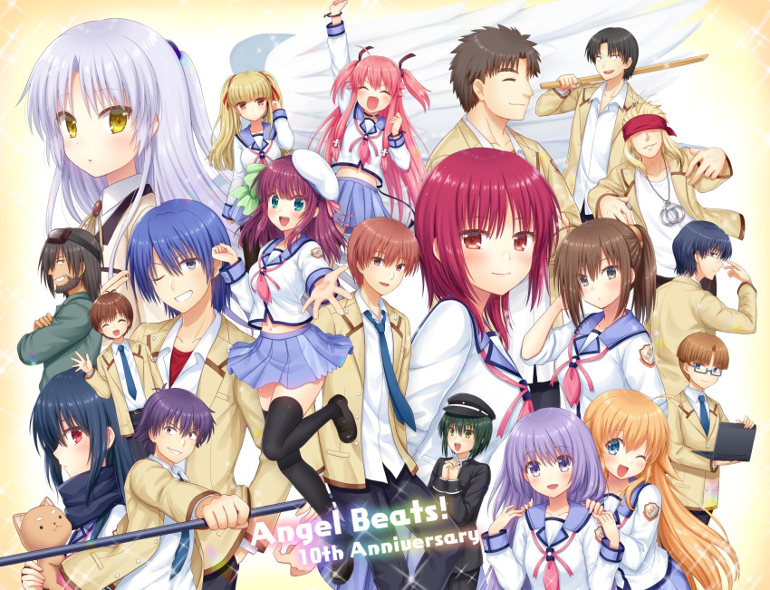 6+boys 6+girls angel_beats! angel_wings anniversary black_hair blazer blindfold blonde_hair blue_skirt bokken brown_hair char_(angel_beats!) closed_eyes commentary_request computer cowboy_shot demon_tail everyone feathered_wings fujimaki_(angel_beats!) full_body green_hair grey_hair highres hinata_hideki hisako_(angel_beats!) irie_miyuki iwasawa_masami jacket jumpsuit laptop long_hair looking_at_viewer matsushita_(angel_beats!) multiple_boys multiple_girls nakamura_hinato nakamura_yuri naoi_ayato neckerchief necktie noda_(angel_beats!) oerba_yun_fang ooyama_(angel_beats!) otonashi_yuzuru parted_lips pink_hair pink_neckerchief pleated_skirt polearm purple_hair red_hair saitou_(angel_beats!) school_uniform sekine_shiori serafuku shiina_(angel_beats!) shinda_sekai_sensen_uniform short_hair skirt stuffed_animal stuffed_cat stuffed_toy sword tachibana_kanade tail takamatsu_(angel_beats!) takeyama_(angel_beats!) thighhighs tk_(angel_beats!) weapon wings wooden_sword yui_(angel_beats!) yusa_(angel_beats!)