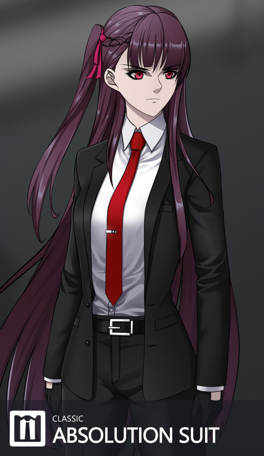 absurdres agent_47 agent_47_(cosplay) belt belt_buckle black_belt black_gloves black_pants black_suit breasts buckle business_suit cosplay female formal girls'_frontline gloves half_updo highres hitman_(game) long_hair long_sleeves lzypoipoi medium_breasts necktie one_side_up pants purple_hair red_eyes red_necktie solo suit wa2000_(girls'_frontline)