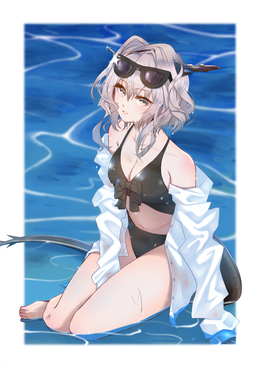 absurdres alternate_costume arknights bare_legs barefoot between_legs bikini black-framed_eyewear black_bikini blush breasts chinese_commentary cleavage commentary dragon_horns dragon_tail eyelashes eyewear_on_head female full_body grey_hair hair_between_eyes hand_between_legs highres horns lips looking_at_viewer medium_breasts medium_hair midriff navel off_shoulder open_clothes open_shirt parted_lips partially_submerged saco_(cgmore) shirt sitting solo sunglasses swimsuit tail talulah_(arknights) thighs unbuttoned water wet wet_clothes white_shirt yellow_eyes