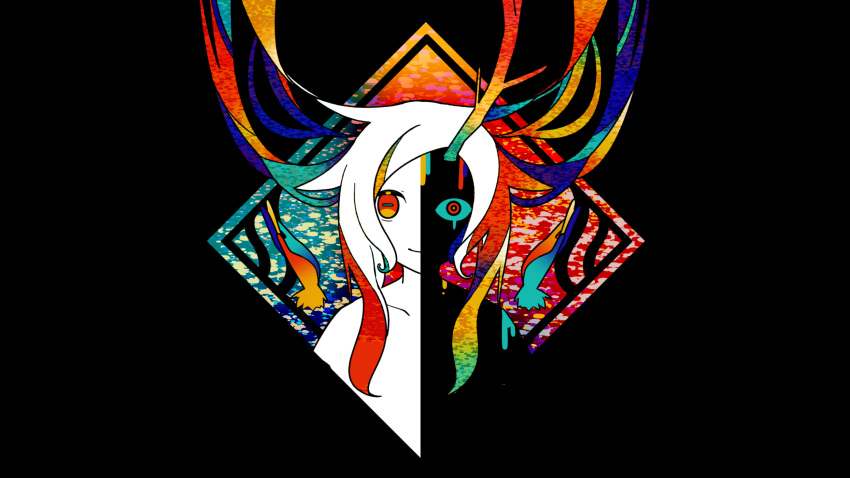 antlers black_background closed_mouth collarbone colorful female floating_hair heterochromia highres horizontal_pupils horns looking_at_viewer machigami_yoh mismatched_pupils multicolored_hair original outside_border single_antler smile solo split_theme straight-on upper_body