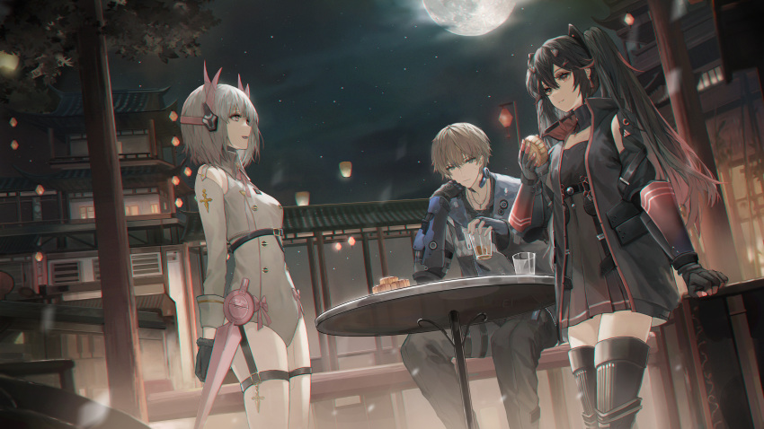 1boy 2girls absurdres accessories arms_behind_back black_hair blonde_hair blue_eyes branch breasts cloud cloudy_sky cup dress fingerless_gloves food gloves grey_hair hair_between_eyes hair_ornament hallway hand_on_own_face headphones highres holding holding_cup holding_food house jacket jewelry lantern lee:_entropy_(punishing:_gray_raven) lee_(punishing:_gray_raven) leotard light_smile liv:_lux_(punishing:_gray_raven) liv_(punishing:_gray_raven) long_hair long_sleeves looking_at_another looking_at_viewer lucia:_plume_(punishing:_gray_raven) lucia_(punishing:_gray_raven) mada_(shizhou) mecha_musume moon moonlight multicolored_hair multiple_girls necklace official_style open_mouth pillar pink_eyes punishing:_gray_raven red_eyes red_hair rooftop short_hair sitting sky small_breasts strap table twintails