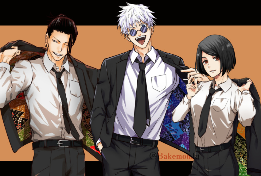 2boys :d bakemonju belt black_belt black_eyes black_hair black_jacket black_necktie black_pants black_suit brown_eyes cigarette collared_shirt commentary_request cowboy_shot dress_shirt ear_piercing female formal getou_suguru gojou_satoru hair_bun hair_pulled_back hand_in_pocket holding holding_cigarette holding_clothes holding_jacket ieiri_shoko jacket jujutsu_kaisen long_sleeves looking_at_viewer mole mole_under_eye multiple_boys necktie one_eye_closed open_mouth orange_background over_shoulder pants piercing plug_(piercing) round_eyewear shirt short_hair single_hair_bun smile suit sunglasses swept_bangs teeth tongue tongue_out tsurime twitter_username upper_teeth_only white_hair white_shirt