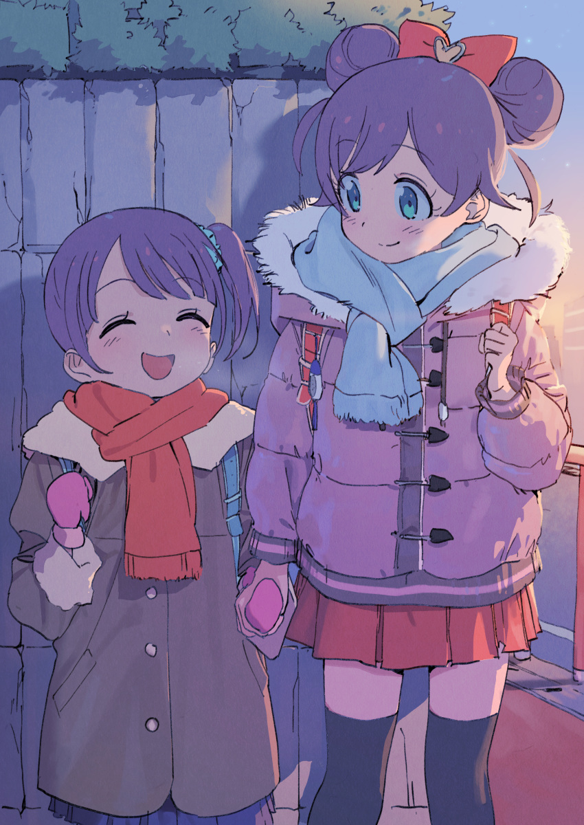 2girls ^_^ absurdres aqua_eyes blush bow closed_eyes coat dorontabi double_bun hairbow height_difference highres holding_hands manaka_lala manaka_non miniskirt mittens multiple_girls outdoors pretty_(series) pripara purple_hair scarf side_ponytail skirt thighhighs winter_clothes