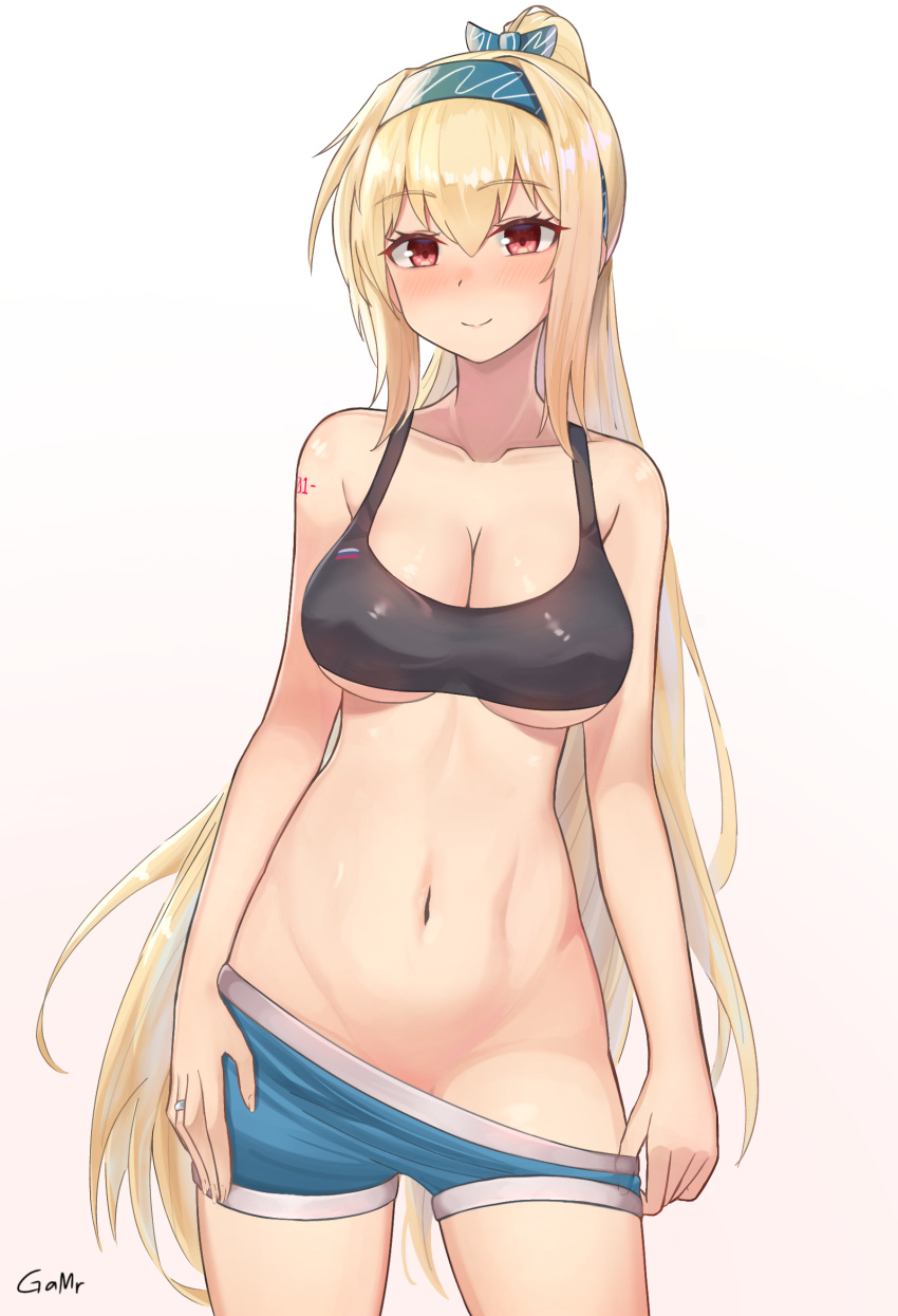 artist_name black_sports_bra blonde_hair blush bow breasts closed_mouth female gamryous girls'_frontline green_hairband green_shorts hairband hairbow highres jewelry long_hair looking_at_viewer navel ponytail red_eyes ring shorts smile sports_bra sv-98_(girls'_frontline) sv-98_(mod3)_(girls'_frontline) underwear wedding_ring