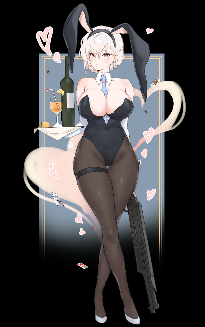 absurdres alcohol animal_ears bare_shoulders black_leotard blue_necktie blush breasts card champagne champagne_bottle champagne_flute cleavage closed_mouth collar collarbone covered_navel crossed_legs cup detached_collar drinking_glass earrings elbow_gloves fake_animal_ears female full_body girls'_frontline gloves groin gun hair_between_eyes handgun heart highres holding holding_gun holding_tray holding_weapon jewelry large_breasts legs leotard looking_at_viewer md5_mismatch necktie oh_(aung_ae) pantyhose playboy_bunny rabbit_ears red_eyes rmb-93 rmb-93_(girls'_frontline) short_hair shotgun skindentation smile solo standing strapless strapless_leotard thigh_gap thigh_strap tray watson_cross weapon white_collar white_footwear white_gloves white_hair