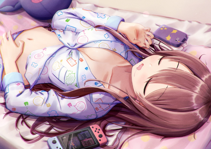 absurdres bed_sheet breasts cellphone closed_eyes collarbone commentary debi_tarou drooling female hair_between_eyes hand_up head_on_pillow highres idolmaster idolmaster_shiny_colors long_hair long_sleeves lying masuku_(saint_mask) navel nintendo_switch on_back open_mouth osaki_tenka pajamas phone polka_dot saliva sleeping smartphone smartphone_case solo stuffed_toy wavy_mouth