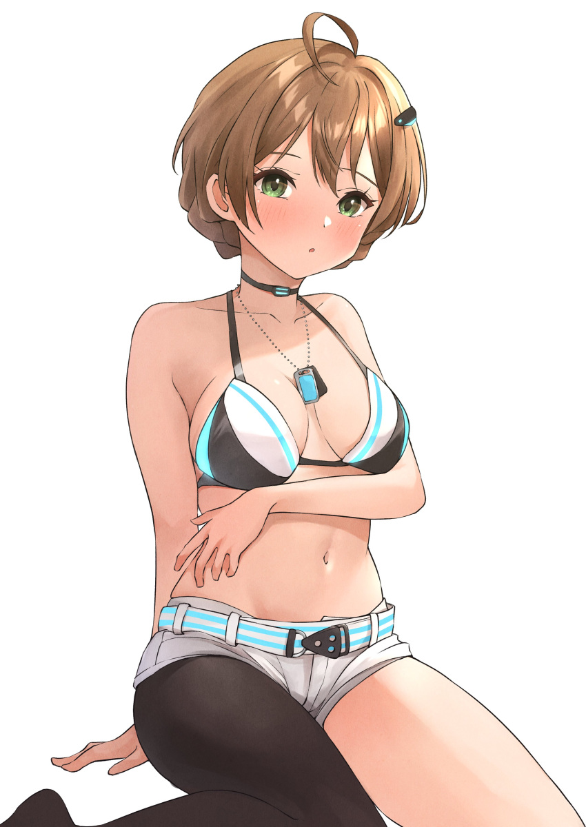 absurdres ahoge aqua_belt b1ack_illust bikini bikini_top_only black_choker breasts brown_hair choker dance_on_the_galaxy_(idolmaster) dog_tags female green_eyes hair_ornament hairclip highres idolmaster idolmaster_million_live! looking_at_viewer medium_breasts navel no_jacket no_shirt sakuramori_kaori short_hair short_shorts shorts simple_background single_leg_pantyhose solo stomach swimsuit white_background white_shorts