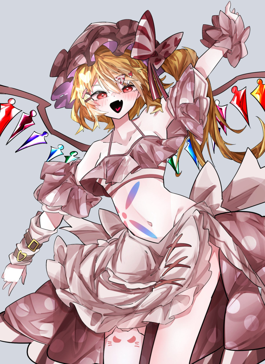 alt_text alternate_costume black_mouth blonde_hair bow crystal crystal_wings female flandre_scarlet hat hat_ribbon heart heart_in_mouth heart_ribbon highres internet_survivor medium_hair multicolored_bow oerba_yun_fang one_side_up polka_dot polka_dot_skirt red_eyes red_ribbon ribbon skirt slit_pupils solo touhou vivo_(vivo_sun_0222)