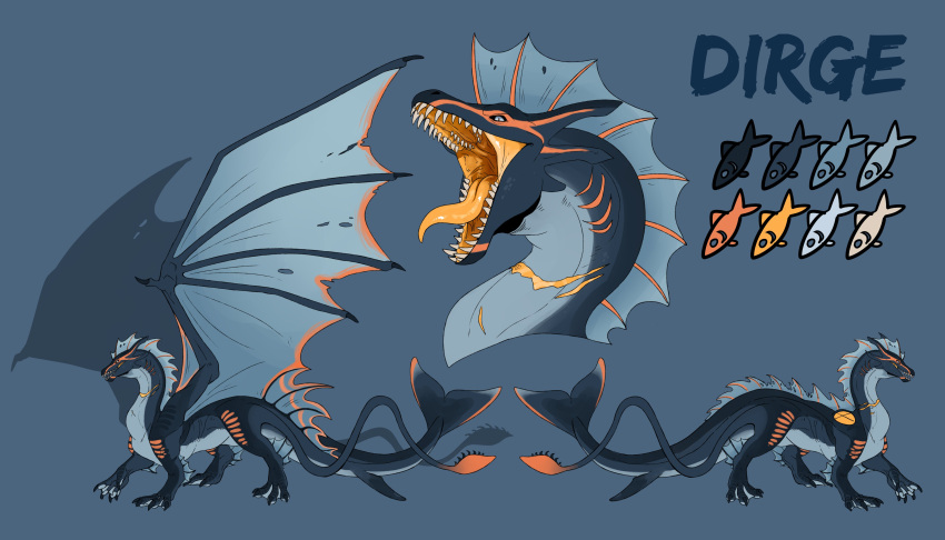 absurd_res ambiguous_gender black_sclera blue_background blue_body blue_eyes blue_wings claws dirge_(dest) dragon feral gills hi_res imperatorcaesar leg_frill membrane_(anatomy) membranous_wings model_sheet mythological_creature mythological_scalie mythology open_mouth orange_tongue scalie sharp_teeth side_view simple_background solo tail teeth tongue tongue_out wing_claws wings