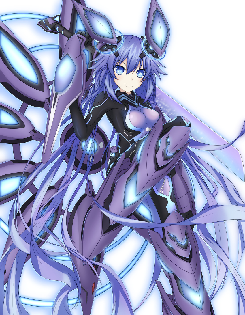 absurdres blue_eyes blush bodysuit breasts closed_mouth commentary_request female full_body hair_between_eyes headgear highres holding holding_sword holding_weapon long_hair looking_at_viewer nepsuka_(hachisuka) neptune_(series) next_purple power_symbol power_symbol-shaped_pupils purple_hair purple_heart_(neptunia) simple_background skin_tight smile solo sword symbol-shaped_pupils weapon white_background