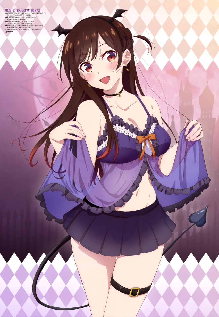 :d absurdres alternate_costume animedia argyle_background babydoll bare_arms bat_wings breasts brown_eyes brown_hair castle choker cleavage collarbone cowboy_shot demon_tail earrings fake_tail female highres jewelry kanojo_okarishimasu large_breasts long_hair looking_at_viewer mizuhara_chizuru moon navel official_art oonuki_takumi open_mouth pleated_skirt purple_babydoll purple_skirt scan skirt smile solo stomach tail thigh_strap wings