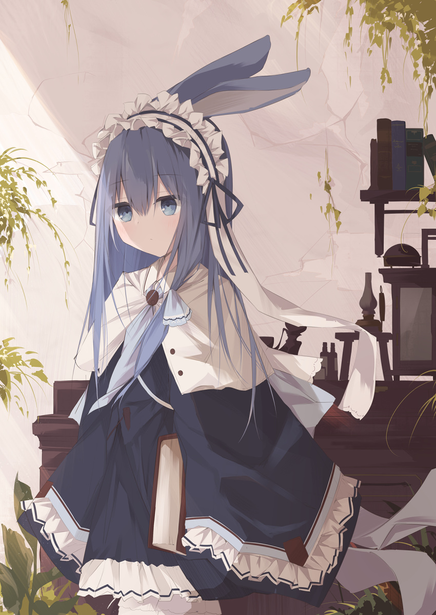 animal_ears black_dress blue_eyes blue_hair blue_neckwear blush book closed_mouth commentary_request dress female frilled_hairband frilled_sleeves frills hair_between_eyes hairband highres kushida_you long_hair long_sleeves original pantyhose partial_commentary rabbit_ears shelf sleeves_past_fingers sleeves_past_wrists solo striped_clothes striped_hairband very_long_hair white_hairband white_pantyhose wide_sleeves