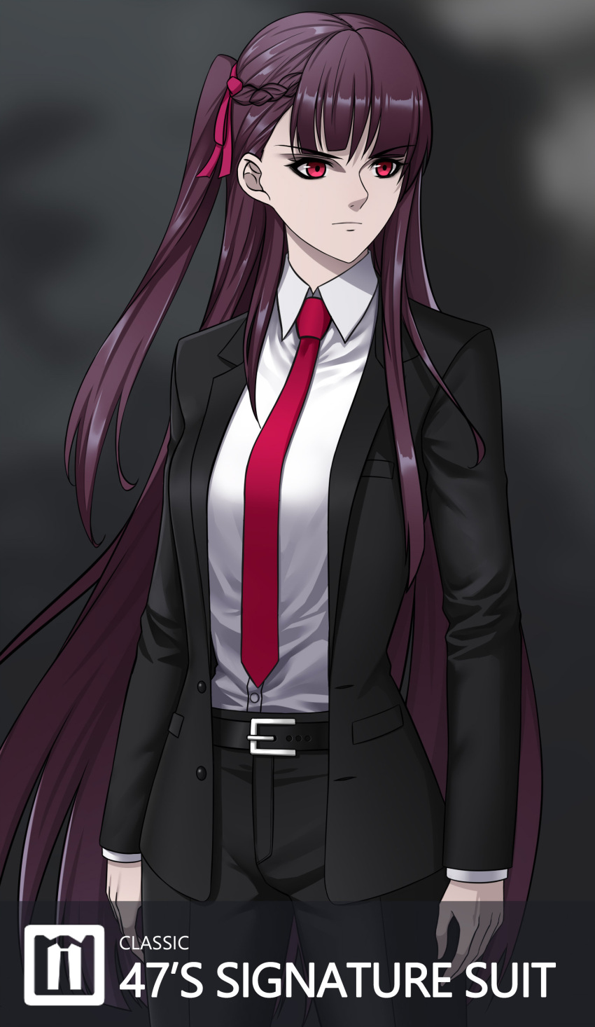 absurdres agent_47 agent_47_(cosplay) belt belt_buckle black_belt black_pants black_suit breasts buckle business_suit cosplay female formal girls'_frontline half_updo highres hitman_(game) long_hair long_sleeves lzypoipoi medium_breasts necktie one_side_up pants purple_hair red_eyes red_necktie solo suit wa2000_(girls'_frontline)