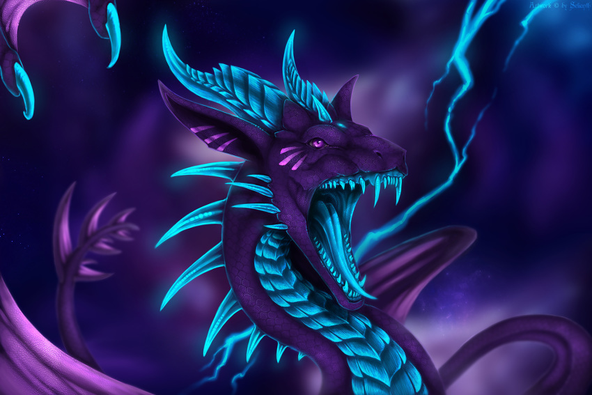 2020 3:2 black_body black_scales blue_body blue_horn blue_scales digital_media_(artwork) dragon electricity european_mythology hi_res horn lightning membrane_(anatomy) membranous_wings mythological_creature mythological_scalie mythology open_mouth purple_eyes scales scalie selianth solo spines tail teeth tongue western_dragon wings