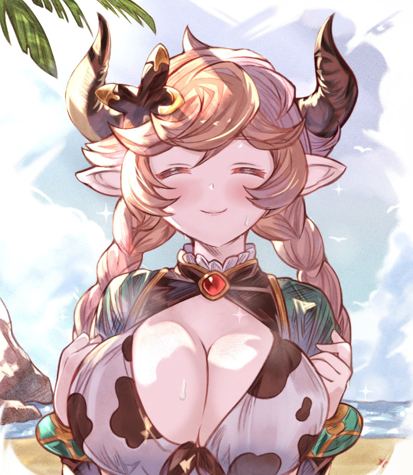 animal_print arutoria_(187497382) beach blonde_hair blush breasts brooch carmelina_(granblue_fantasy) cleavage cleavage_cutout closed_eyes clothing_cutout cow_print draph female granblue_fantasy highres horns jewelry large_breasts long_hair ocean pointy_ears smile solo sweat upper_body